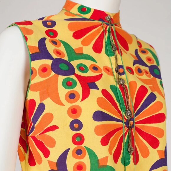 1960s Vintage Geometric Print Indian Cotton Shift Dress by India Pona Sz S M - Picture 2 of 8